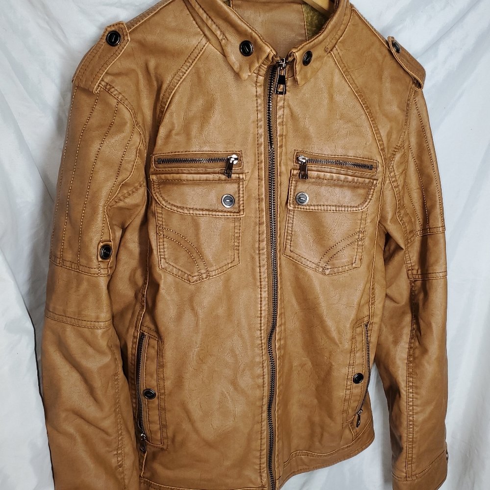 XXL / 2X Mens Bomber Jacket LT Brown Caramel Faux Leather With Faux Fur Lining